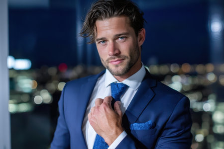 A well-dressed man in a suit adjusts his tie with a city skyline in the background at night.の素材