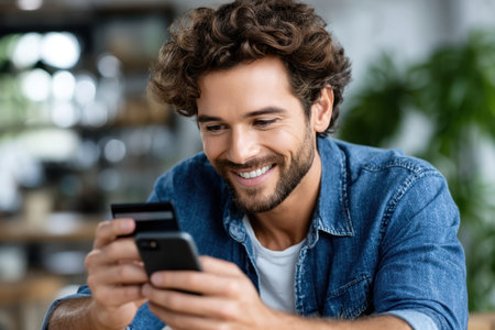Smiling man interacts with his smartphone and credit card in a comfortable indoor environment.の素材