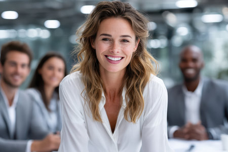 A woman with long hair smiles confidently at the camera while her colleagues engage in lively discussion in an office.の素材