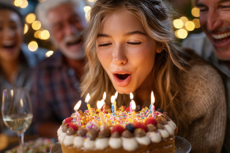 A young woman blows out candles on a decorated cake while family members share smiles and joy.の素材