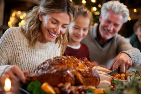 Smiling family members celebrate together, carving a beautifully roasted turkey amidst warm decorations.の素材