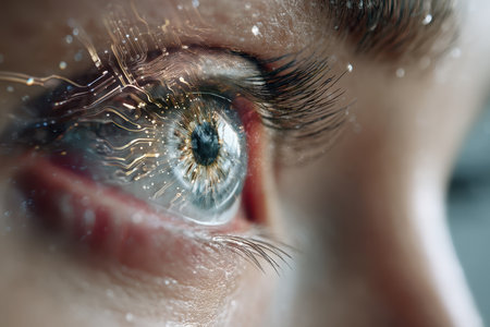 A detailed close-up reveals a human eye with intricate digital circuit designs, showing technology's influence.の素材