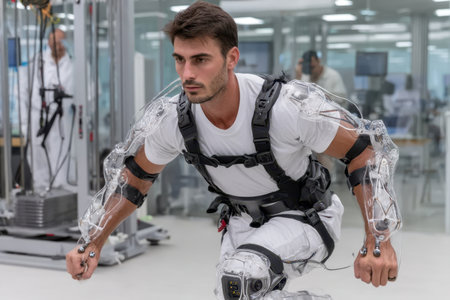 A man in a high-tech exoskeleton demonstrates enhanced mobility and strength during a research session in a lab.の素材