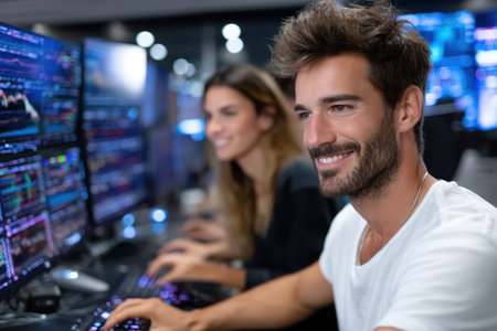 Two traders analyze data at their desks, surrounded by screens filled with charts and graphs.の素材