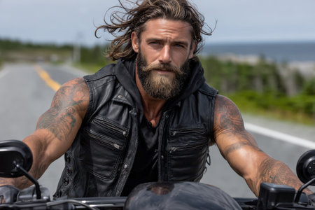 A muscular man with long hair and a beard rides a motorcycle on a scenic coastal road under a clear sky.の素材