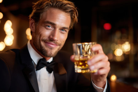 A well-dressed man smiles while raising a glass in celebration at a lively bar, showcasing a joyful moment.の素材