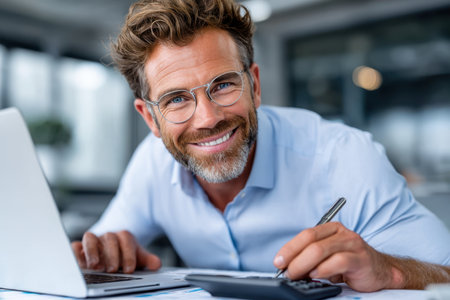 Smiling man analyzes data and creates financial report in a contemporary workspace with high-tech tools.の素材