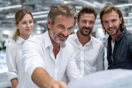 Four professionals engage in a productive discussion while reviewing documents in an open office space.の素材