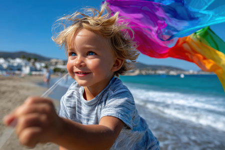 A young boy runs along the sandy beach, holding a vibrant rainbow flag that flutters in the wind, bringing joy.の素材