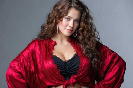 Woman with curly hair showcases a bold red outfit in a contemporary studio, exuding confidence and style.の素材