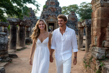 A couple enjoys a romantic stroll through historic temple ruins, surrounded by lush greenery and weathered stones.の素材