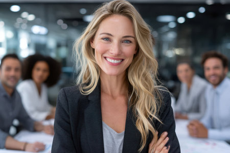 Confident woman stands in front of colleagues during a business meeting in a modern office.の素材
