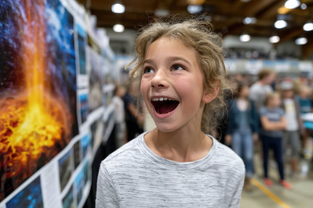 A girl with curly hair smiles widely while attending a bustling science fair filled with vibrant displays.の素材