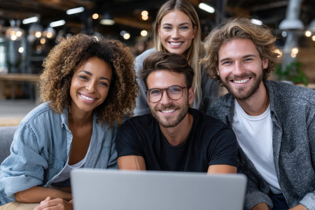 Four friends smile while collaborating on a project inside a bright, trendy coworking area.の素材