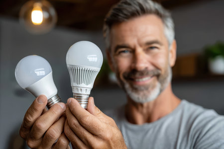 A man holds two different types of energy-efficient light bulbs, considering their advantages for his home.の素材