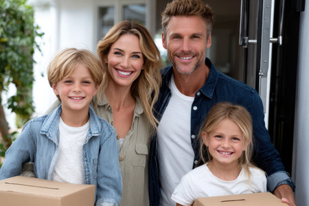 Family stands cheerfully at the entrance of their home, holding moving boxes and smiling joyfully together.の素材