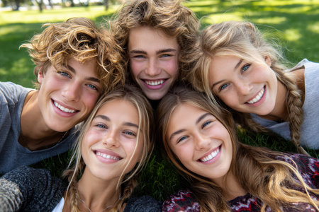 Friends gathered on green grass share laughter and smiles while capturing a joyful moment together.の素材