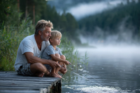 A serene early morning by the lake as a man and child bond while fishing, surrounded by mist and nature.の素材