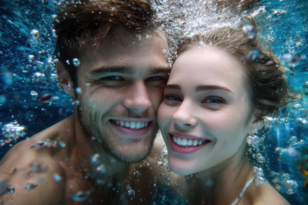 Two people smile widely while submerged in clear water, surrounded by bubbles and bright sunlight.の素材
