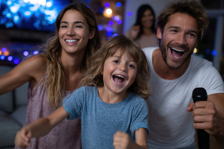 A family has a fun karaoke night at home, filled with laughter and music, creating lasting memories together.の素材