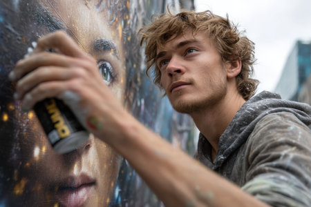 A young artist meticulously paints a striking mural on a city wall, showcasing vibrant details.の素材