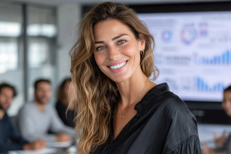 A confident woman stands in a contemporary office, smiling while her colleagues engage in a business discussion.の素材