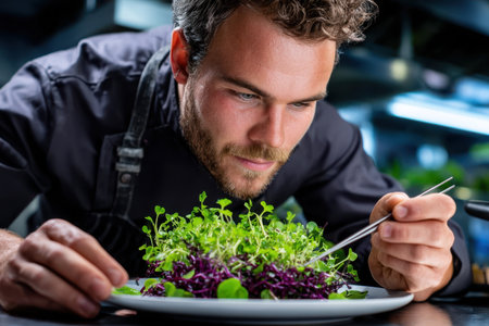 A focused chef arranges fresh microgreens on a plate, showcasing his culinary skills in a bright kitchen.の素材