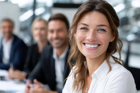 A woman with a bright smile sits in a meeting room surrounded by colleagues engaged in discussion.の素材