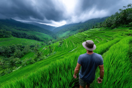 A traveler explores lush green rice terraces in Bali as dark clouds gather overhead, showing nature's beauty.の素材