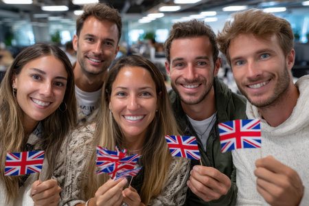 A group of five friends holds small British flags while smiling together in a modern office environment.の素材