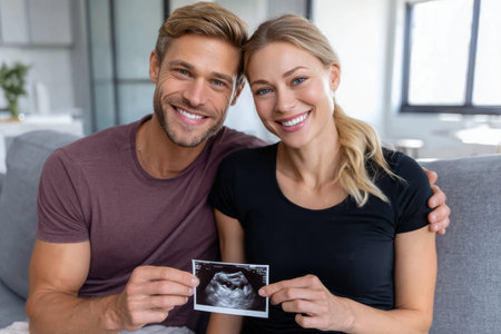 Smiling couple sits together on a sofa, holding an ultrasound picture and enjoying their joyful moment at home.の素材