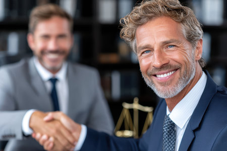 Two lawyers in suits engage in a handshake, symbolizing a successful agreement in a modern office.の素材