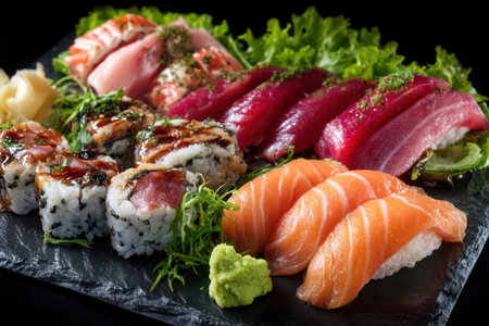 A selection of expertly prepared sushi featuring salmon, tuna, and eel on a stylish black slate platter.の素材