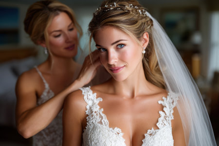 A bride is getting ready with the assistance of her friend in a calm environment, showing joy and elegance.の素材