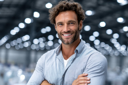 A confident man stands with folded arms, smiling warmly in a spacious warehouse filled with equipment.の素材