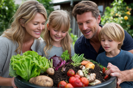 Parents and their kids gather around a container filled with fresh vegetables, sharing joy and learning about gardening.の素材