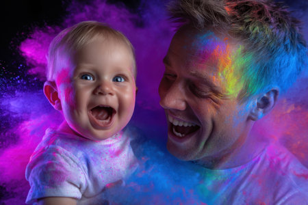 Father and baby share laughter as colorful powders burst around them, creating a joyful atmosphere.の素材