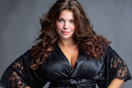 A woman with long wavy hair poses confidently in black stylish clothing against a gray background.の素材