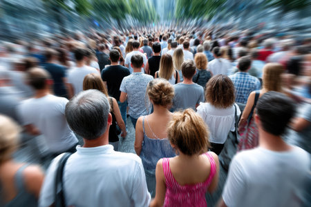 A large group of individuals strolls together through a bustling urban area on a warm summer afternoon.の素材