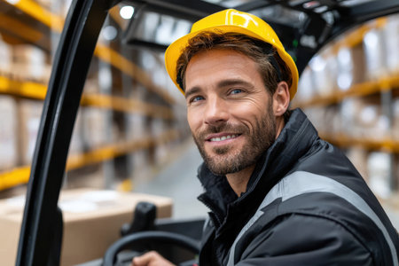 A forklift operator smiles confidently while operating his vehicle in a well-organized warehouse.の素材