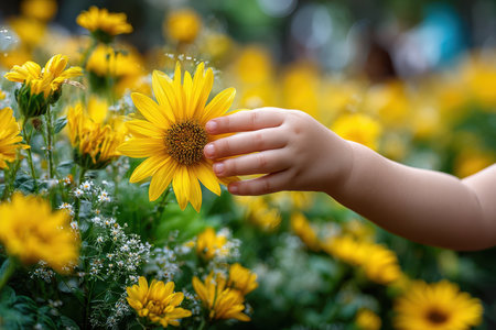 A young child's hand gently reaches for a sunflower among an array of yellow blooms, showing nature's beauty.の写真素材