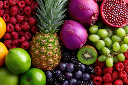 Closeup of a variety of fresh, colorful fruitsの写真素材