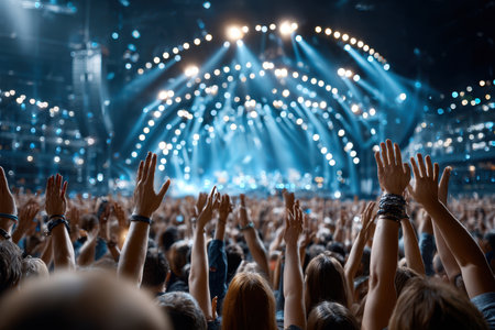 A crowd with raised hands enjoys a concert with blue stage lightsの写真素材
