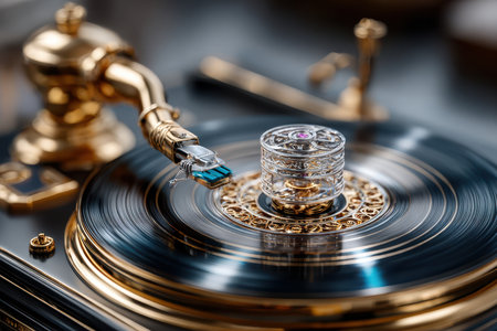 Intricately designed turntable showcases a shining vinyl record as the stylus plays music in soft light.の写真素材