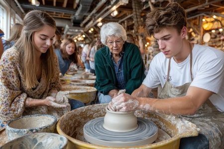 Three young adults create pottery under the guidance of an older woman in a lively studio.の写真素材