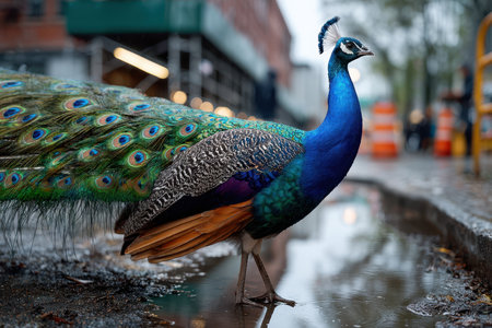 A vibrant peacock strolls near a puddle, showing its colorful feathers amidst the urban environment.の写真素材