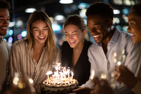 Group of friends joyfully celebrating a birthday with cake and smiles on a lively evening.の写真素材