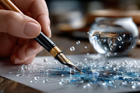 A hand skillfully uses a fountain pen to paint blue hues on paper while water droplets enhance the artwork.の写真素材