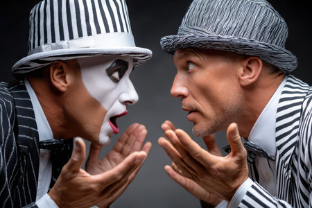Two performers dressed in black and white striped outfits passionately express emotions in a close conversation.の写真素材