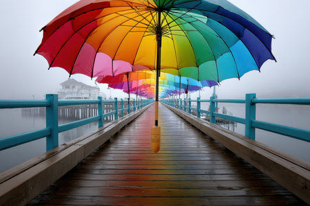 Colorful umbrellas line the wooden pier by the foggy water, adding vibrancy to the serene atmosphere.の写真素材